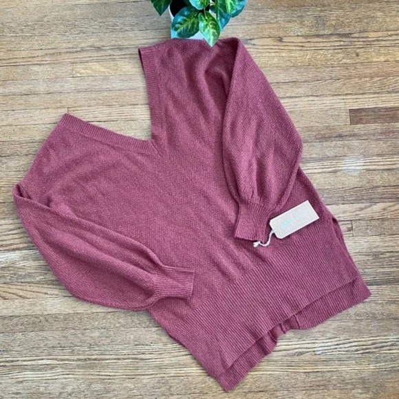 Anthropologie YES LOLA XS Textured V-Neck Balloon Sleeve Sweater in Rose Mauve - Picture 9 of 10
